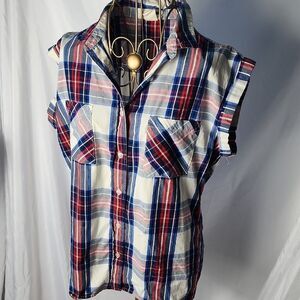 Levi's Sleeveless Cut Off Cuffed  Red White Blue Plaid Button Up Shirt Size S